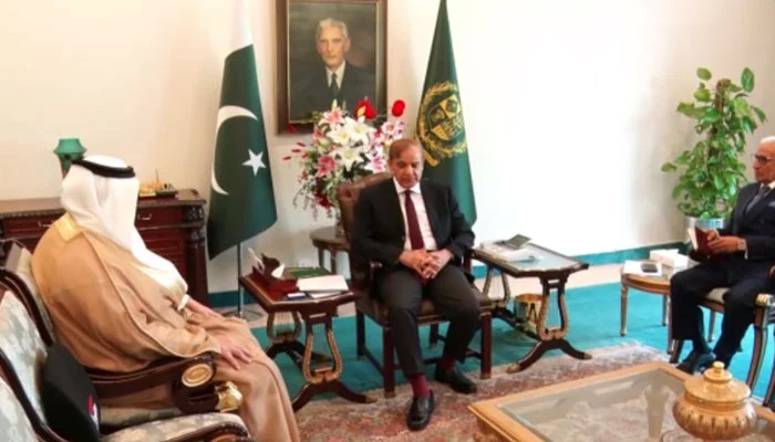 Prime Minister Shehbaz Sharif meets Saudi Arabian envoy to Pakistan. -Screengrab