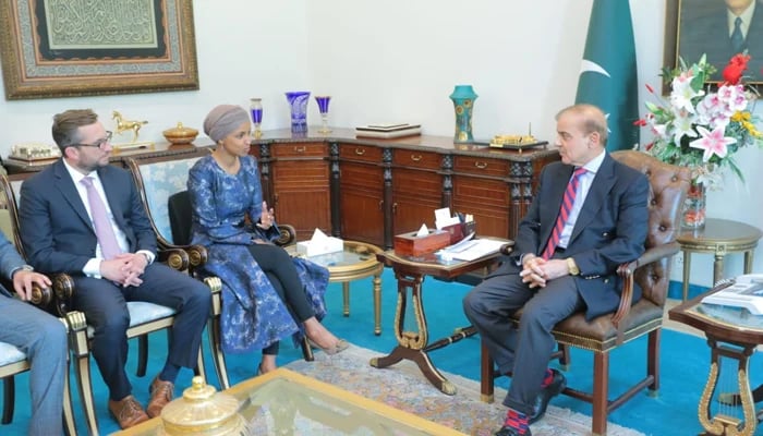 Muslim US Congresswoman Ilhan Abdullah Omar (left) meets Prime Minister Shehbaz Sharif at the PM Office in Islamabad, on April 20, 2022. — PakPMO