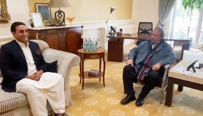 Bilawal Bhutto Zardari, chairman of the PPP (left) meets former prime minister Nawaz Sharif in London, United Kingdon, on April 21, 2022. — Twitter/MediaCellPPP