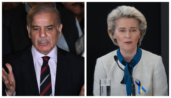 Prime Minister Shahbaz Sharif speaks during a press conference in Islamabad on April 7, 2022 (left) and Ursula von der Leyen, President of the European Commission addresses the event Stand up for Ukraine in Warsaw, Poland on April 9, 2022. — AFP/File