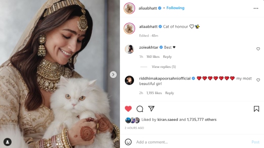 Alia Bhatt drops new stunning pics from her wedding day with ‘cat of honour’
