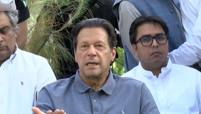 Former prime minister and PTI Chairman Imran Khan addressing his first press conference after his removal from office at Bani Gala in Islamabad, on April 23, 2022. — YouTube/HumNewsLive