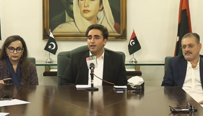 PPP Chairman Bilawal Bhutto-Zardari addressing a press conference in Karachi after a meeting of the PPPs Central Executive Committee (CEC), on April 26, 2022. — Twitter/MediaCellPPP