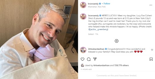 Andy Cohen announces birth of daughter Lucy via surrogate