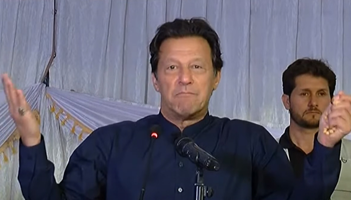 PTI Chairman Imran Khan addressing party workers during an event in Islamabad, on May 9, 2022. — YouTube/HumNewsLive