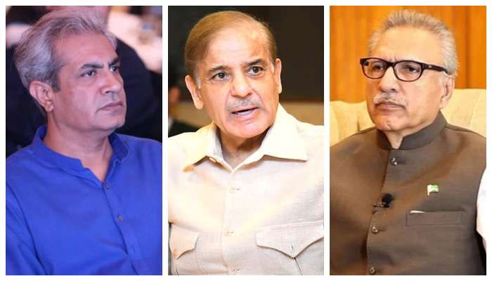 (L to R) Governor Punjab Omar Sarfaraz Cheema, President Arif Alvi, and Prime Minister Shehbaz Sharif. — PID/Reuters/File