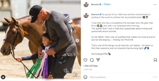 Dwayne Johnson calls to celebrate when his daughter Jasmine wins equestrian competition