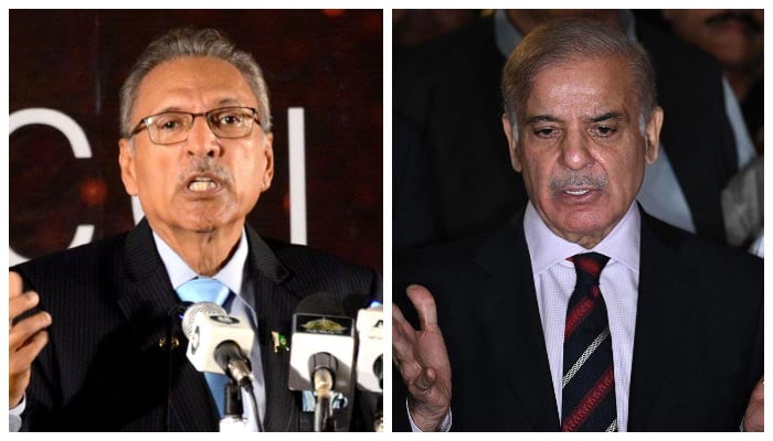 (R to L) Prime Minister Shehbaz Sharif speaks in Islamabad on April 7, 2022, after a Supreme Court verdict (and) President Dr Arif Alvi addressing the Federation of Pakistan Chambers of Commerce and Industry (FPCCI) 9th Achievement Awards Ceremony at Federation House in Karachi, on March 26, 2022. — AFP/APP