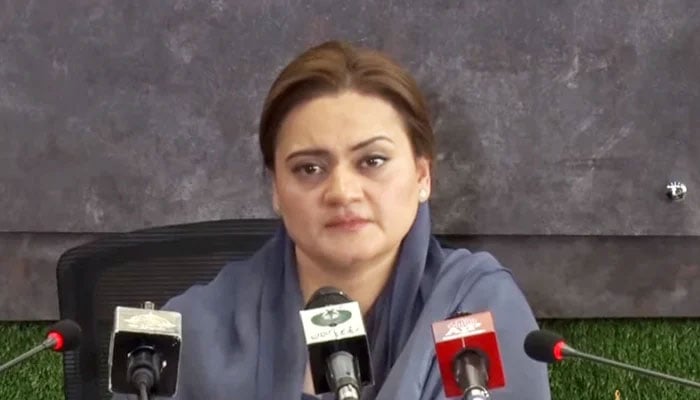 Information Minister Marriyum Aurangzeb addressing a press conference in Islamabad, on May 14, 2022.. — YouTube/PTV