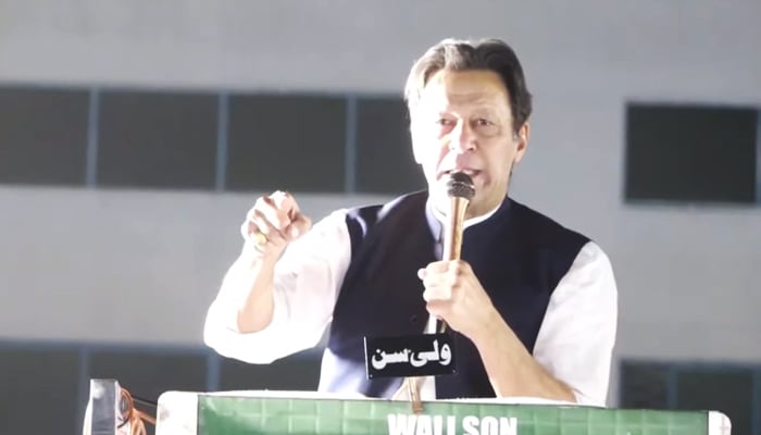 Ex-prime minister and PTI Chairman Imran Khan addressing a party rally in Sialkot, on May 14, 2022. — YouTube/PTI