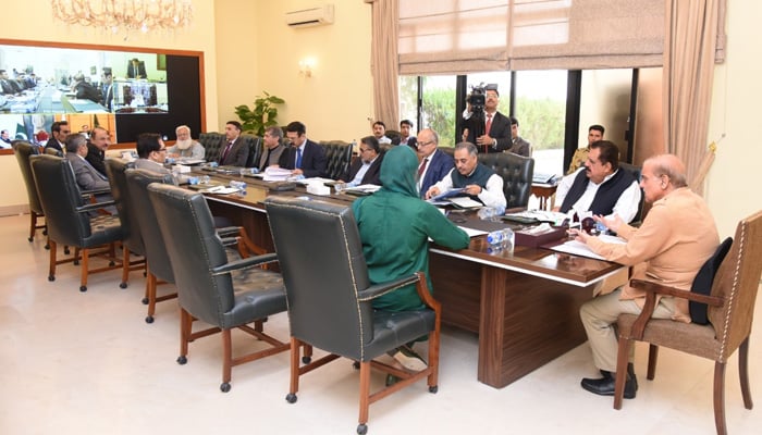 PM Shahbaz Sharif chairs a meeting to review the wheat procurement target. -Courtesy PM Office