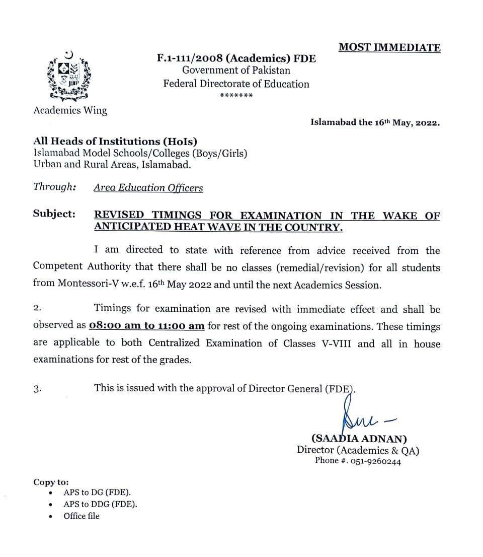 Sweltering heatwave: Islamabad’s primary schools observe early summer vacation