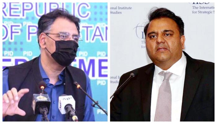 (L to R) Former federal minister and PTI Secretary-General Asad Umar and former information minister and PTI leader Fawad Chaudhry. — APP/PID/File