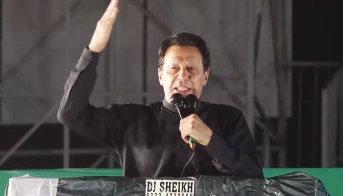 PTI Chairman and former prime minister Imran Khan addressing a public gathering in Gujranwala. — Screengrab via YouTube/PTI