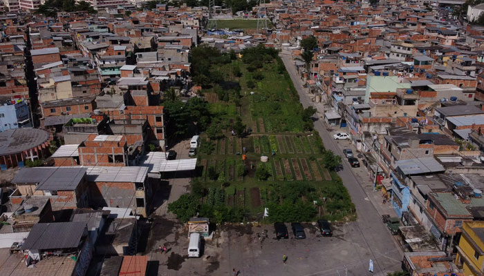 Aerial view of an urban garden in the Manguinhos favela, in Rio de Janeiro, Brazil, on May 4, 2022. Photo: AFP