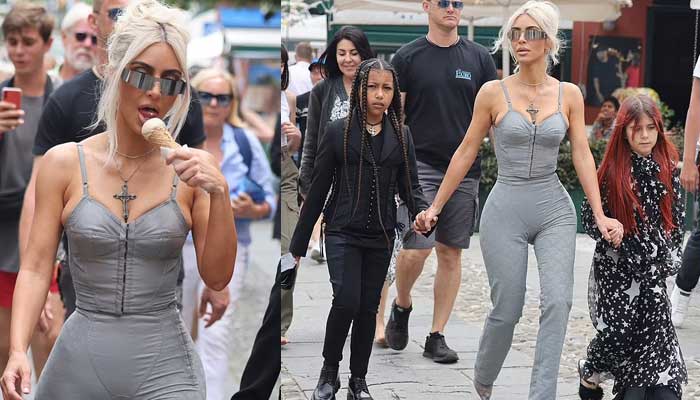 Kim Kardashian spellbinds onlookers with her svelte physique while enjoying ice cream with loved ones