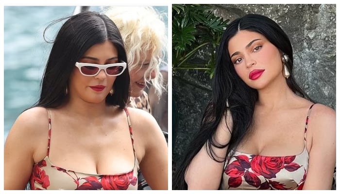 Strike a pose! Kylie also looked polished to perfection in photos posted to her account, which showed her posing in a rose-print bodycon dress