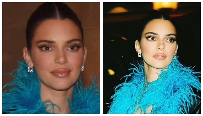 Different: In snaps from her 818 tequila launch last year she sported a much smoother complexion in her Instagram images (right) than in real life (left) as she posed in a blue fluffy scarf