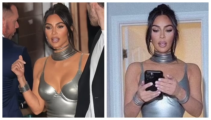 Filter lover: Kim wore a tight silver dress to the Hulu premiere of The Kardashians (left) but looked different in her social media images