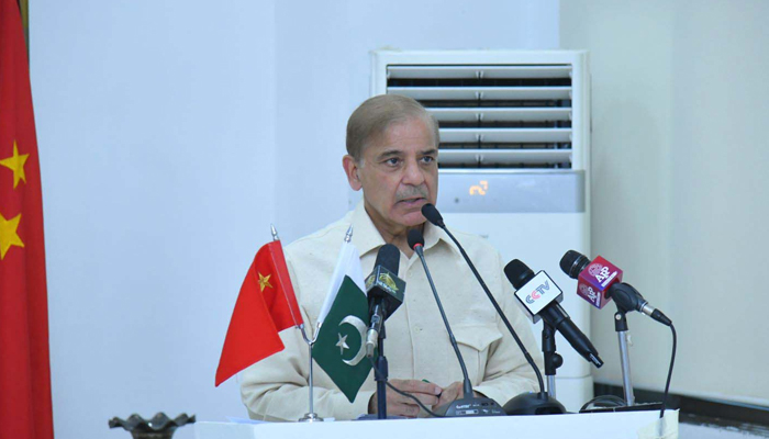 Prime Minister Shehbaz Sharif addressing the workers of the Karot Hydropower Project in Islamabad, on May 27, 2022. — PID