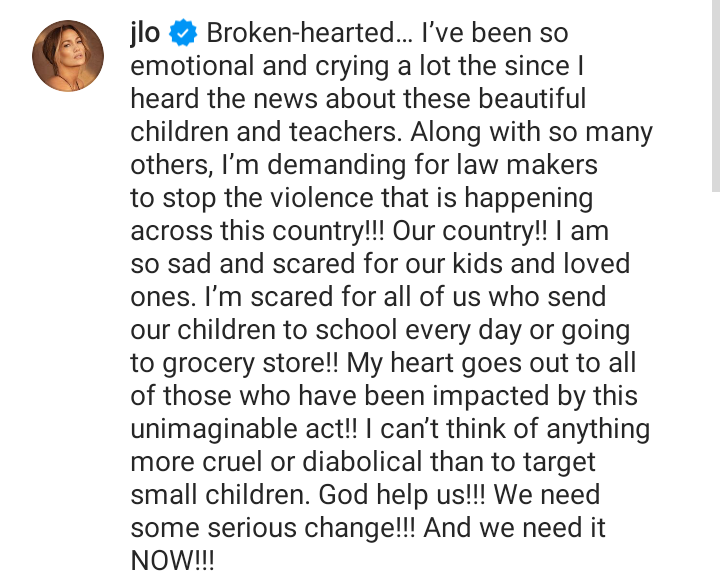 Jennifer Lopez issues statement on US school shooting