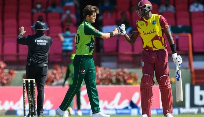 Pakistani fast-bowler Shaheen Shah Afridi fist bumps a West Indies batter. — AFP/File