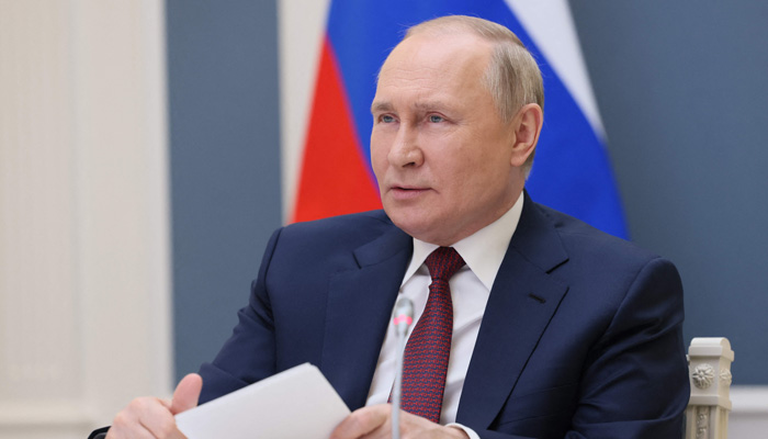 Russian President Vladimir Putin takes part in an economic forum of former Soviet countries held in Bishkek, via a video link in Moscow on May 26, 2022. -AFP