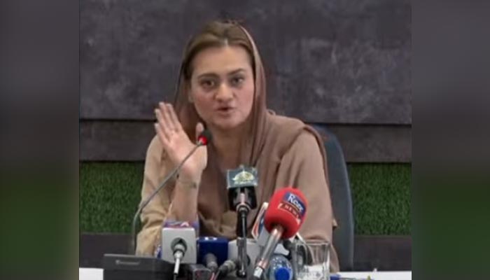 Information Minister Marriyum Aurangzeb holding a press conference in Islamabad on Friday, May 27, 2022. — Screengrab via YouTube/ Hum News Live