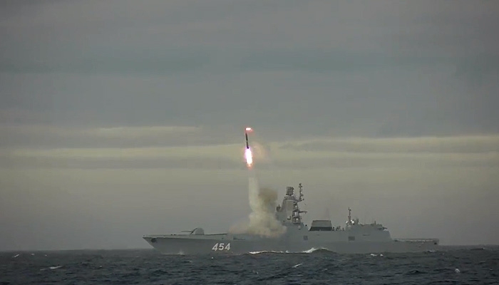 This screengrab shows Zircon hypersonic missile being fired from the Admiral Gorshkov frigate stationed in the Barents Sea.