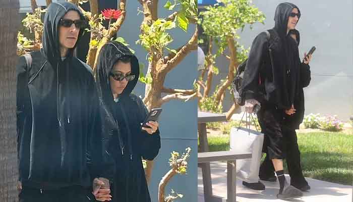 Kourtney Kardashian and Travis Barker cut a casual figure as they return home