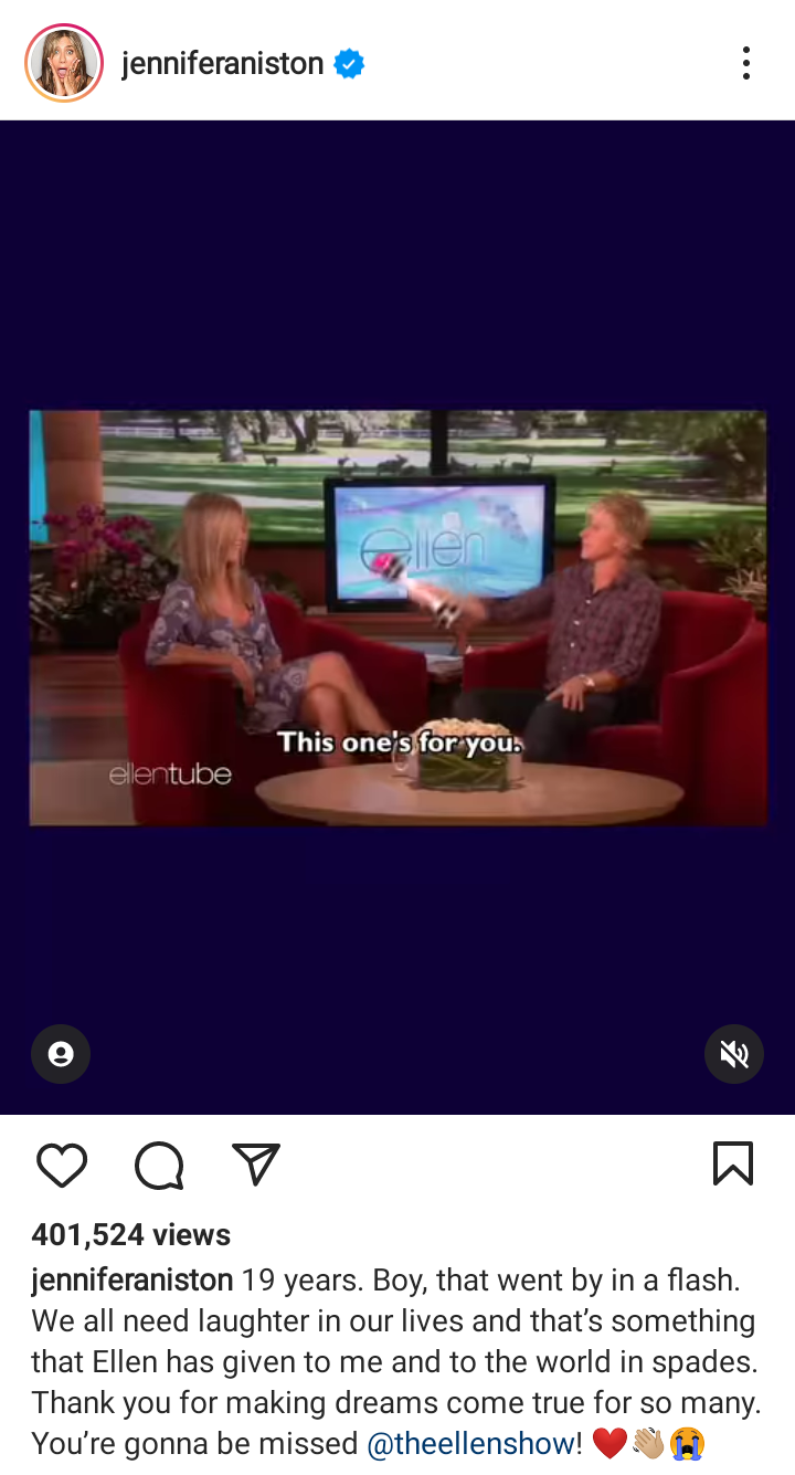 Jennifer Aniston pays emotional tribute to Ellen DeGeneres in latest video