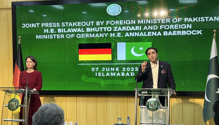 Foreign Minister Bilawal Bhutto (R) addresses a press conference in Islamabad along with his German counterpart Annalena Baerbock. Picture Anas Malick Twitter