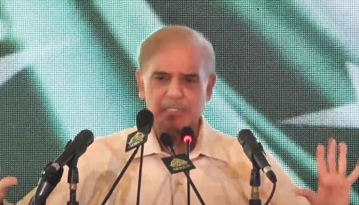 Prime Minister Shehbaz Sharif addressing a pre-budget conference in Islamabad. — Screengrab/PTV