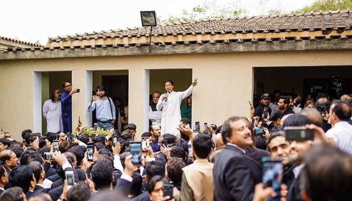 PTI Chairman Imran Khan is addressing a gathering of lawyers at Bani Gala in Islamabad, on June 7, 2022. — Twitter/PTIofficial