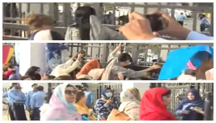 The picture shows PTI female members protesting outside the Parliament House on June 9, 2022. — Screengrab/ Geo News Live