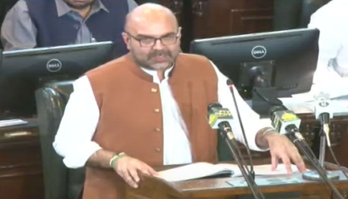 Khyber Pakhtunkhwa Minister Taimur Saleem Khan Jhagra is presenting the provincial budget for the fiscal year 2022-23.