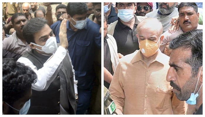 Chief Minister Hamza Shehbaz leaves FIA sessions court after a hearing in Lahore on August 2, 2021 (left) and Prime Minister Shehbaz Sharif arrives at a sessions court in Lahore on August 2, 2021. — APP/Online