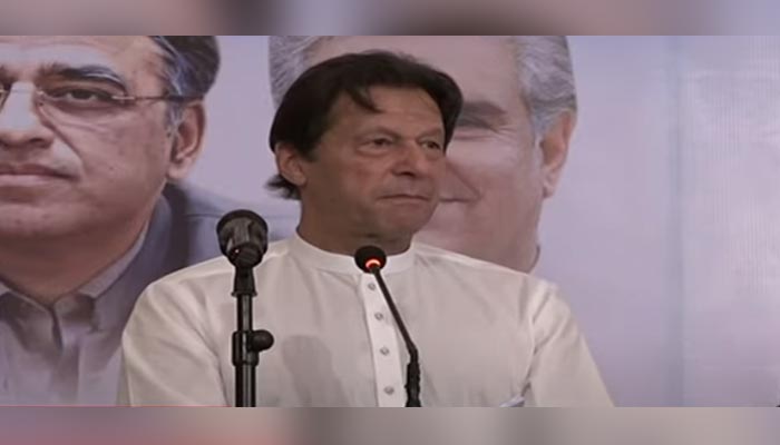 PTI Chairman Imran Khan addressing the farmers convention in Islamabad on June 13, 2022. — Screengrab/Hum News Live