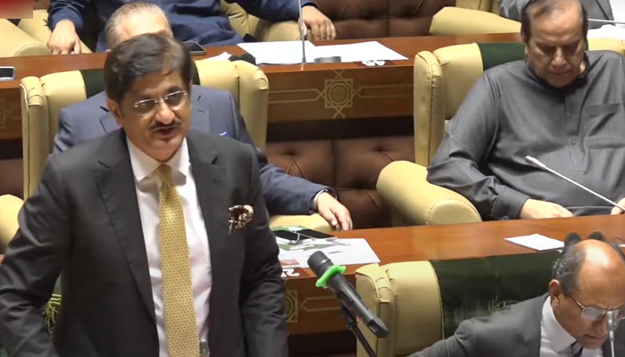 Chief Minister Sindh Murad Ali Shah presenting the provincial budget for fiscal year 2022-23 on June 14, 2022. — Screengrab