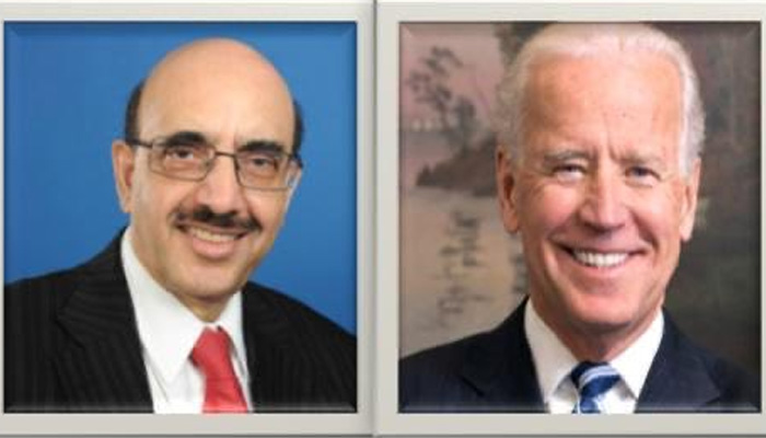 The combo shows Pakistans Ambassador to US Sardar Masood Khan (L) and US President Joe Biden (R). Picture Pak EMbassy in US