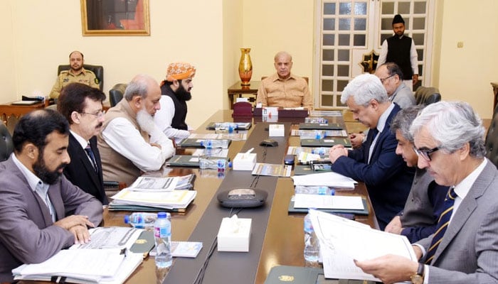 Prime Minister Shahbaz Sharif is chairing a meeting to review the progress of ongoing construction projects of the National Highway Authority. Photo: Radio Pakistan