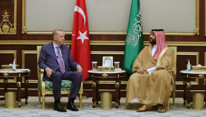 President Tayyip Erdoğan (L) meets with Crown Prince Mohammed bin Salman in Jeddah, Saudi Arabia, April 28, 2022. -Picture Daily Sabah