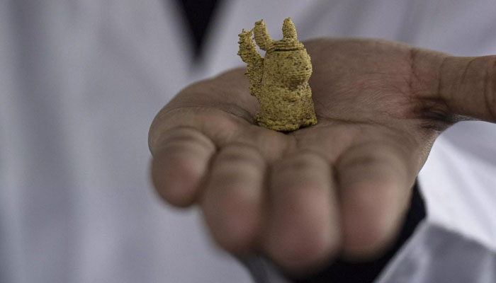 Food engineer Roberto Lemus shows a sample of a candy for children made with cochayuyo seaweed and rice flour, at the lab of Chiles University in Santiago. Photo: AFP