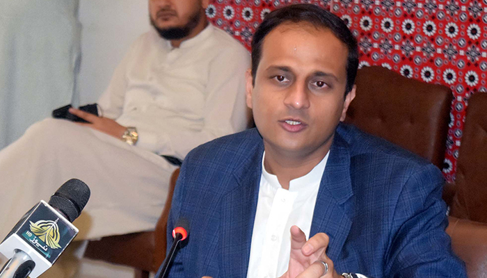 Karachi Metropolitan Corporation (KMC) Administrator Barrister Murtaza Wahab speaks to media persons during a press conference at the Sindh Assembly building in Karachi, on March 31, 2022. — PPI