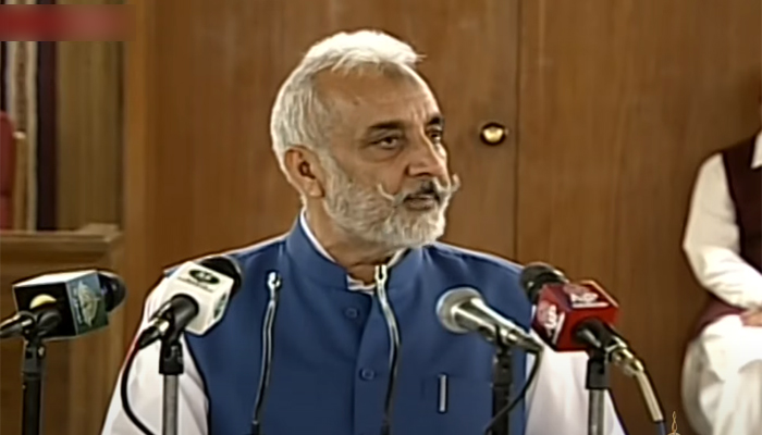 Balochistan Finance Minister Sardar Abdul Rehman Khetran address the provincial budget session at the Balochistan Assembly in Quetta, on June 21, 2022. — YouTube/PTV