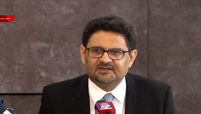 Finance Minister Miftah Ismail addresses press conference in Islamabad. -Screengrab