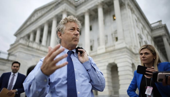 Sen. Rand Paul (R-KY) talks with journalists as he leaves the U.S. Capitol after delivering a speech about the Bipartisan Safer Communities Act on the Senate floor on June 23, 2022 in Washington, DC.-AFP