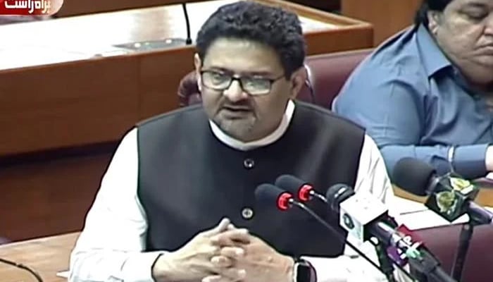 Finance Minister Miftah Ismail delivering his budget 2022-23 winding up speech in the National Assembly, in Islamabad, on June 24, 2022. — Photo courtesy PTV