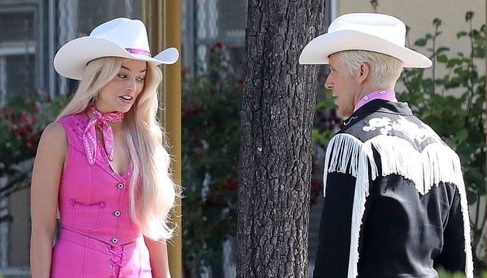 Margot Robbie, Ryan Gosling don matching hats as they shoot for ‘Barbie’