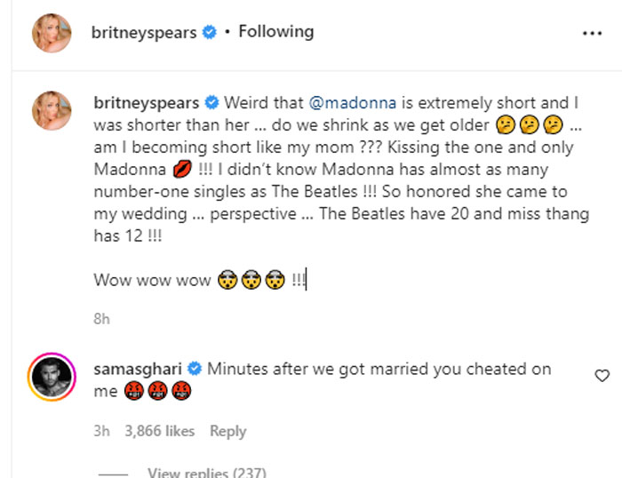 Sam Asghari drops hilarious comment on Britney Spears-Madonna intimate photo